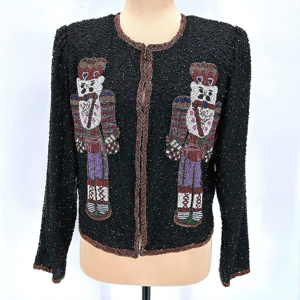 Laurence Kazar Beaded Silk Nutcracker Jacket Vintage Black Holiday Evening M